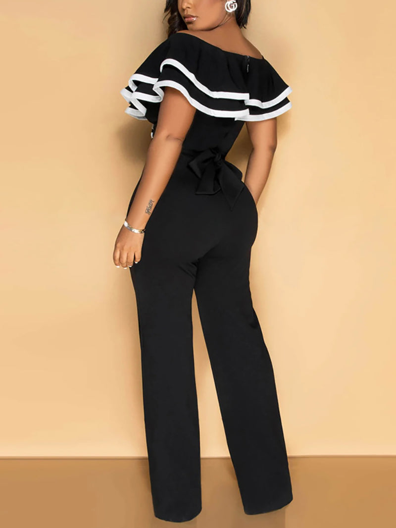 Sexy Off Shoulder Ruffles Colorblock Belted Jumpsuit