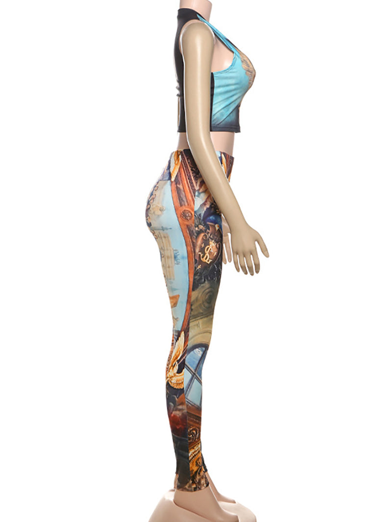 Sexy Print Crop Top Tight Pant Club Two Piece Set