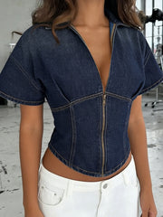 Short Sleeve Zip Front Cinched Waist Crop Top