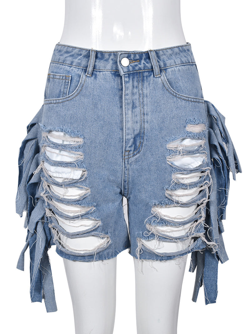 High Waist Side Tassel Ripped Denim Shorts