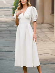 Fashion V-neck Puff-Sleeve Slim-fit Midi Dress