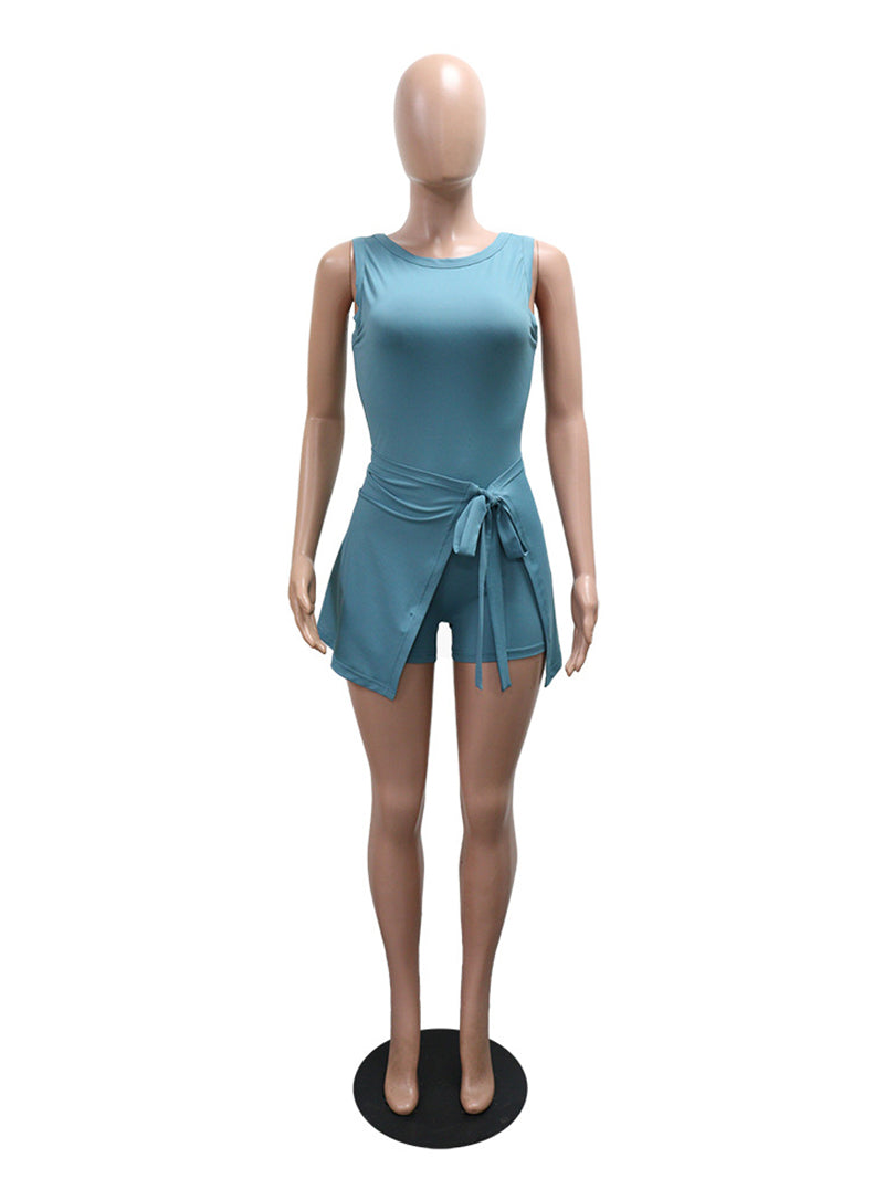 Casual O Neck Sleeveless Romper And Skirt Two Piece Set