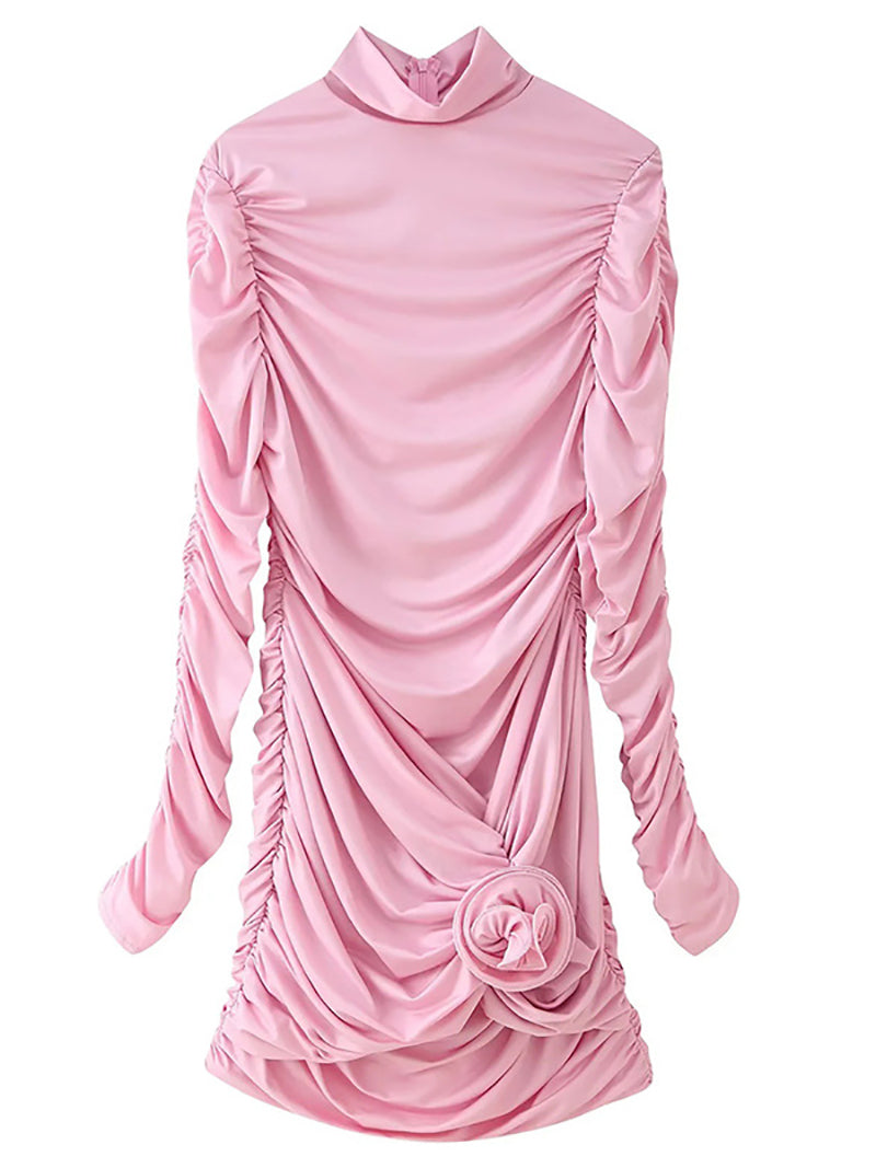 Half High Neck Flower Appliques Pleated Dress