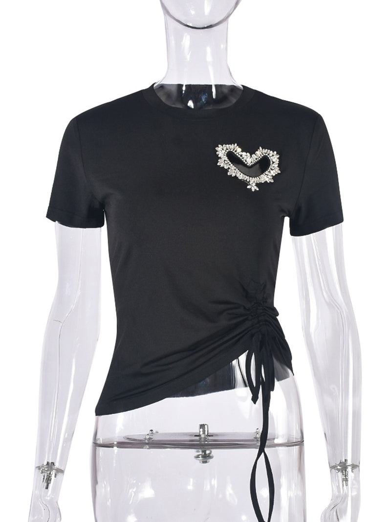 Rhinestone Hollow out Drawstring Casual love T shirt