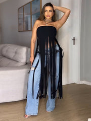 Strapless Fringe Suede Maxi Dress