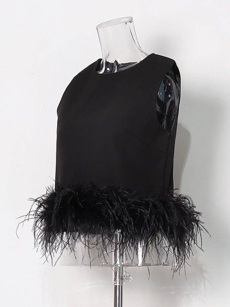 Fashion Round Collar Feather Cropped Vest Top