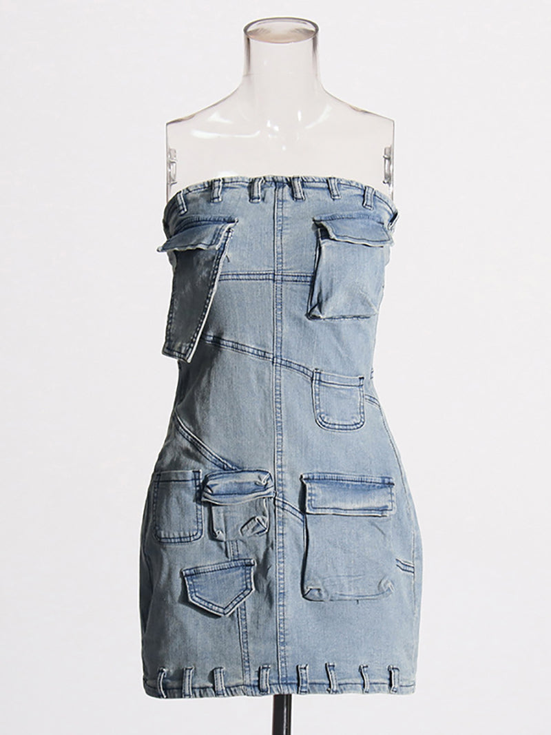 Fashion Patchwork Strapless Denim Dress