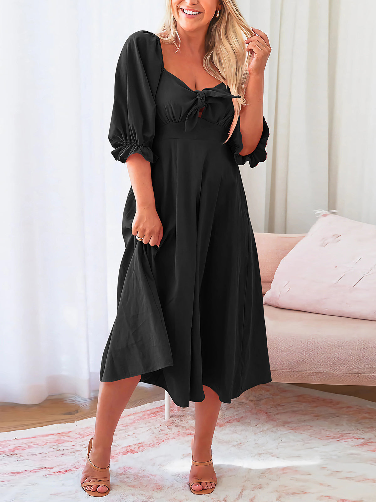 Fashion Lantern Sleeve Slim Midi Dress