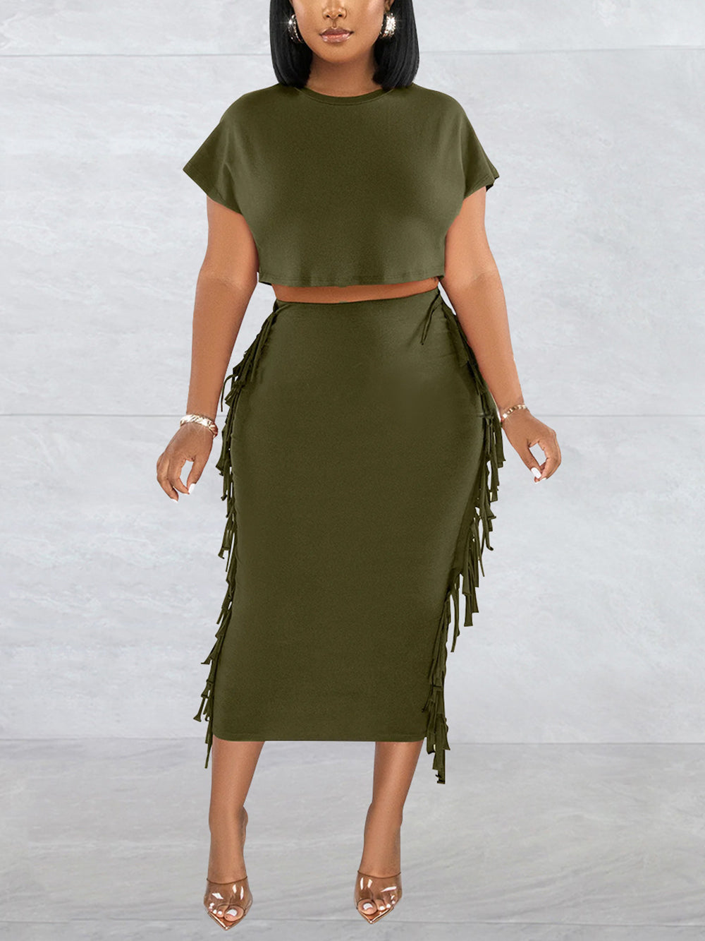 Round Neck Crop Top Tassels Skirts Casual Set