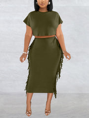 Round Neck Crop Top Tassels Skirts Casual Set