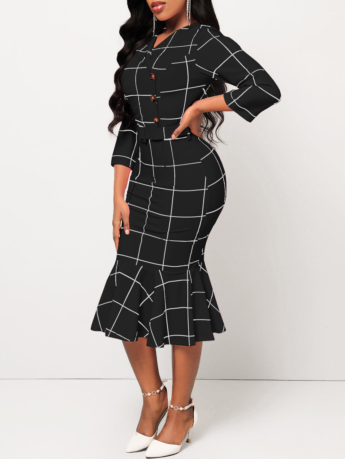 Fashion Belted Plaid Button Mermaid Dress