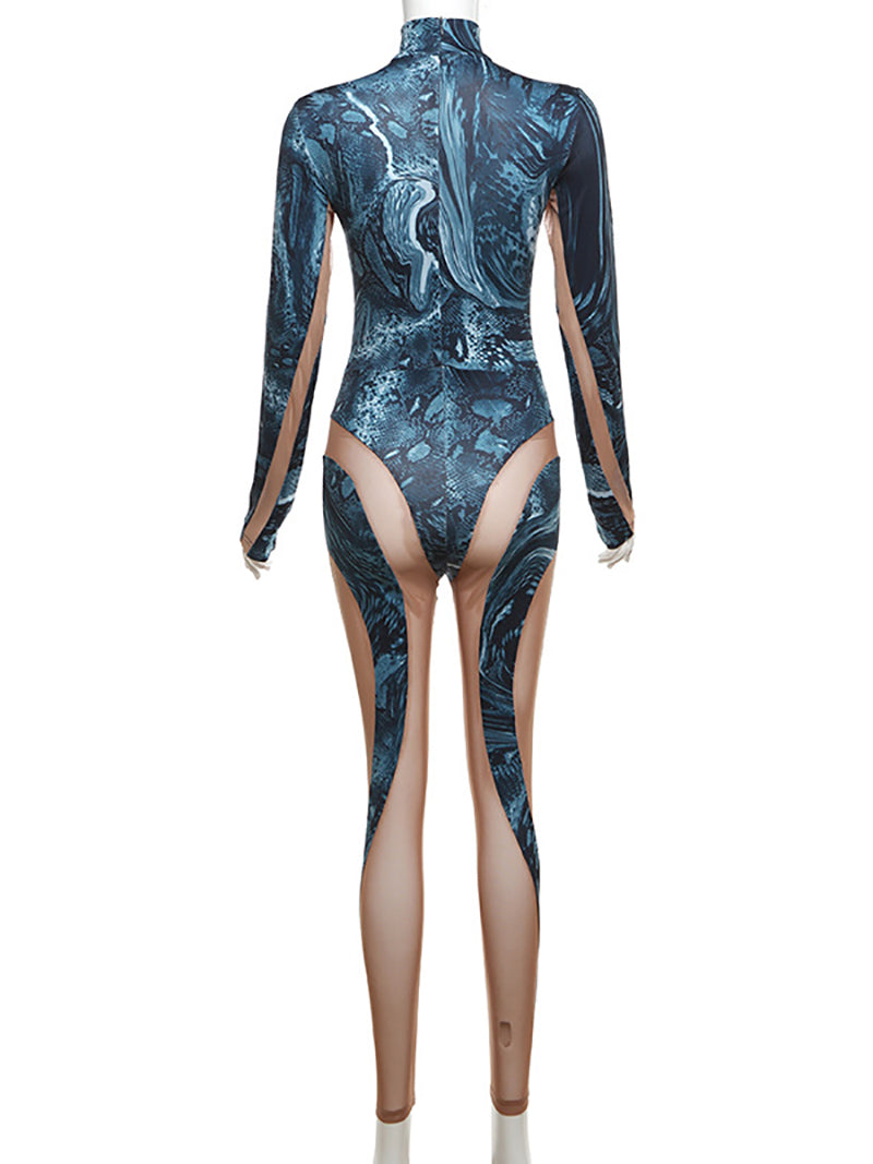 Sexy Print Warped Snake Black Nude Mesh Catsuit Jumpsuit