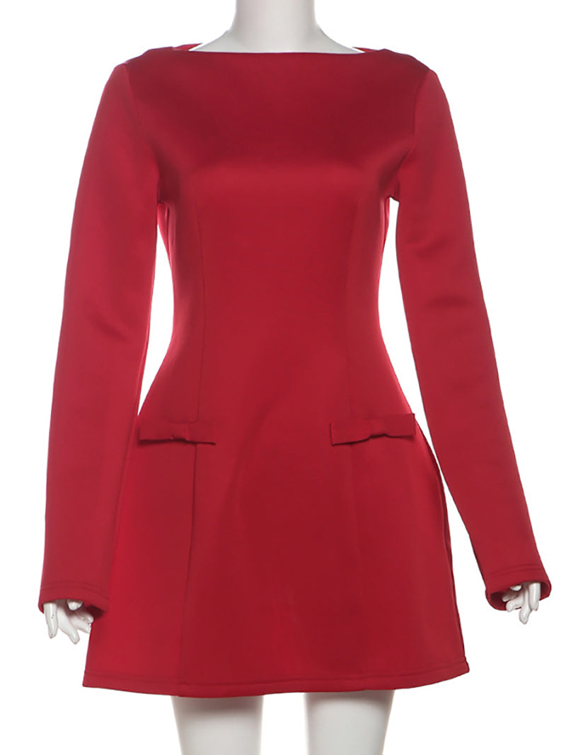 Elegance Bow Detail Boat Neck Long Sleeve Mini Dress