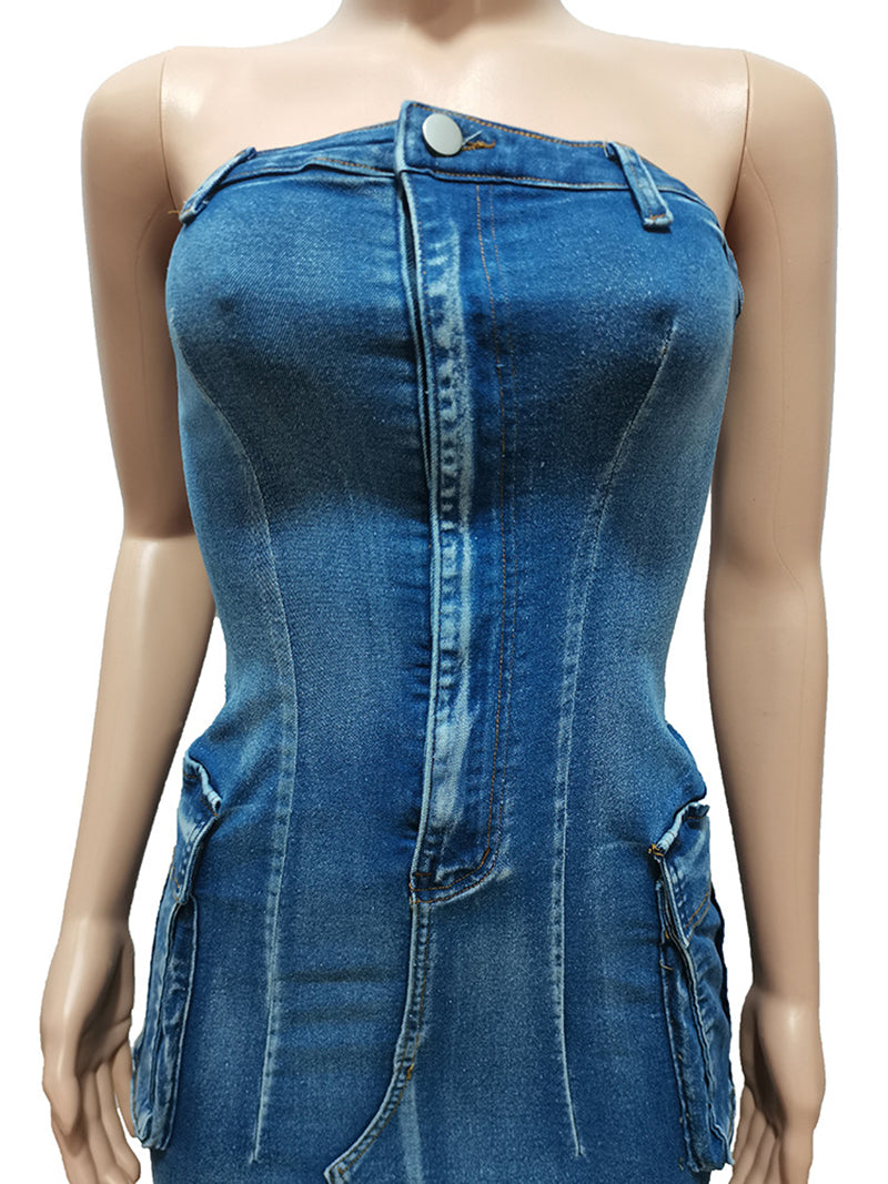 Sexy Strapless Washed Button Stretch Denim Dress