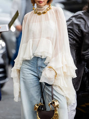 Fashion Sheer Mesh Spliced Ruffles Loose Blouse