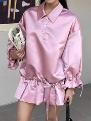 Casual Loose Drawstring Satin Ruffle Mini Dress