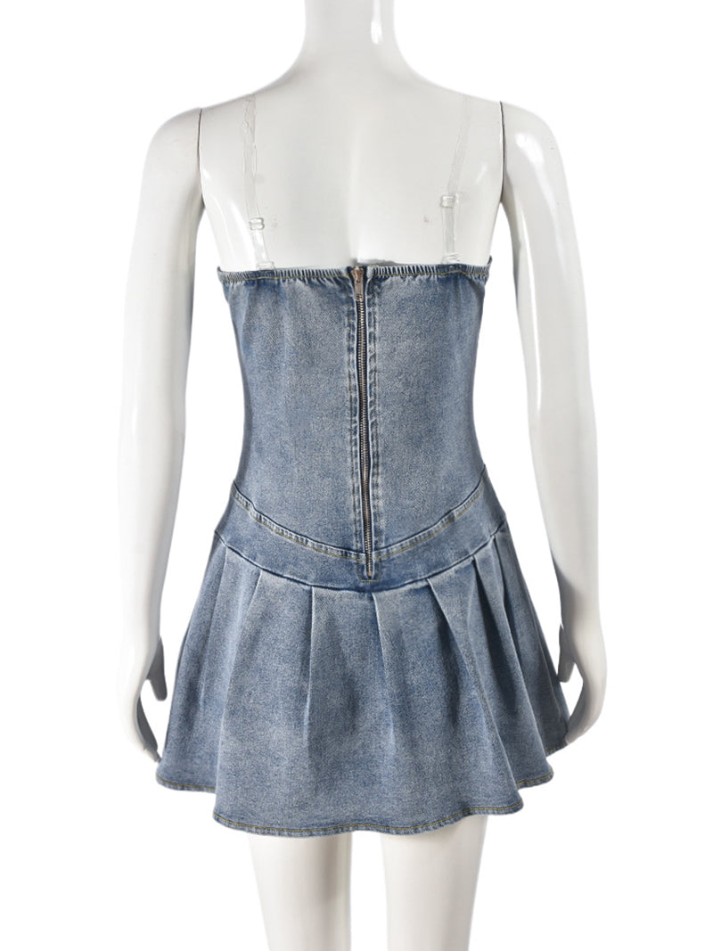 Sexy Strapless Denim Pleated Dress