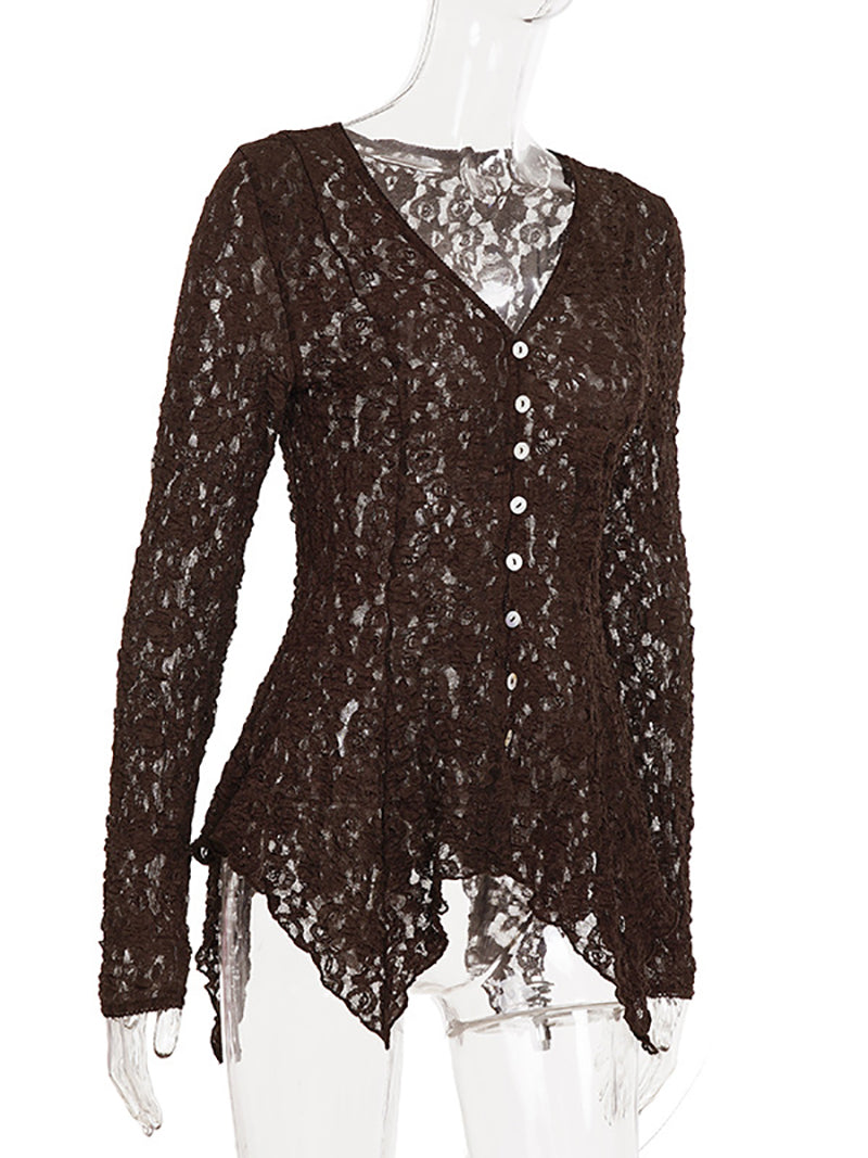 Elegant Lace V Neck Button Up Ruffles Slim Blouse