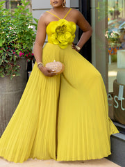 Flower Decoration Pleated Wide Leg Jumpsuit