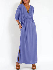 Solid Color V Neck High Waist Loose Dress