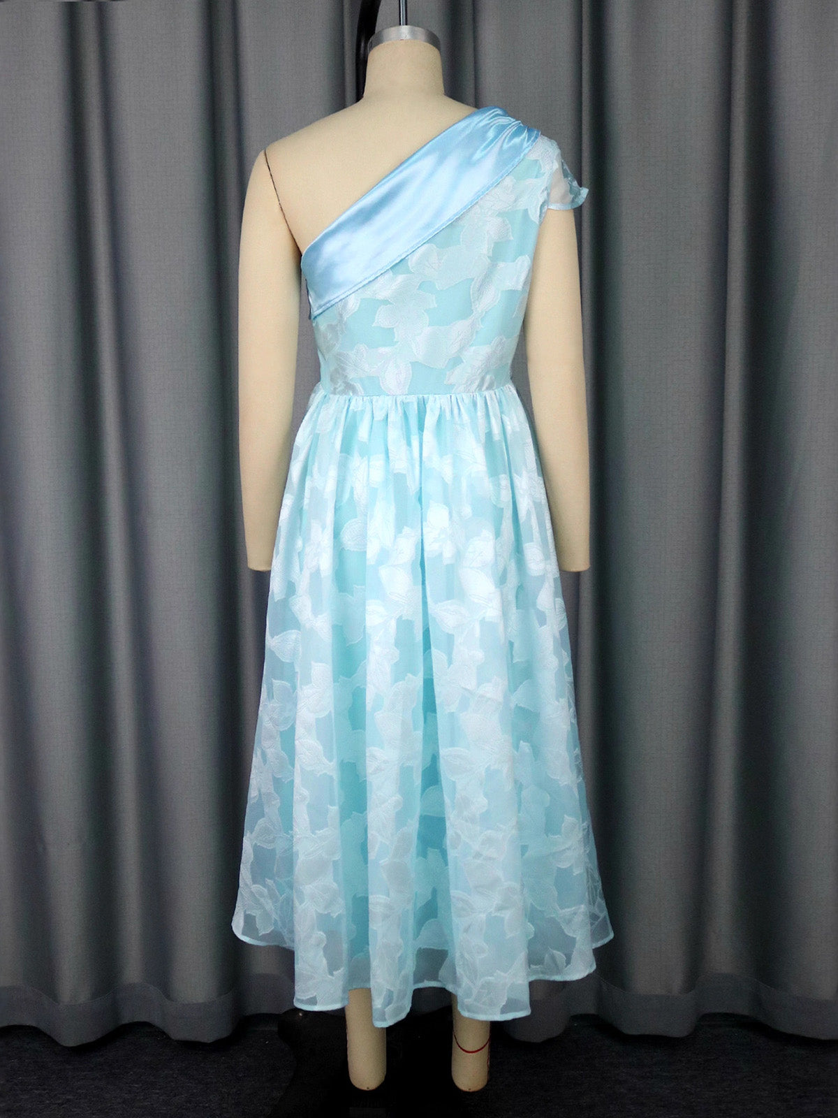 Elegant One Shoulder Jacquard Belted Midi Dress