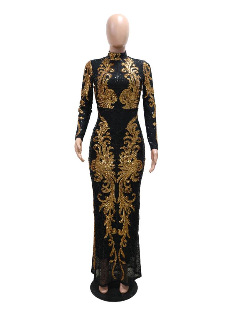 Elegant Stand Collar Sequin Maxi Evening Gown
