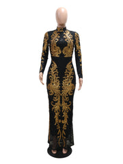 Elegant Stand Collar Sequin Maxi Evening Gown