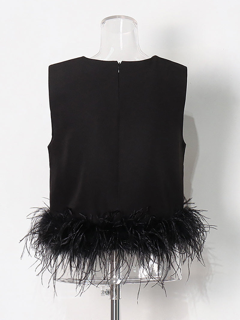 Fashion Round Collar Feather Cropped Vest Top