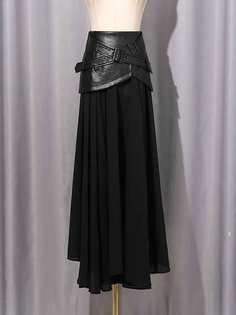 Fashion Faux Leather Patchwork Asymmetrical Midi Skirt