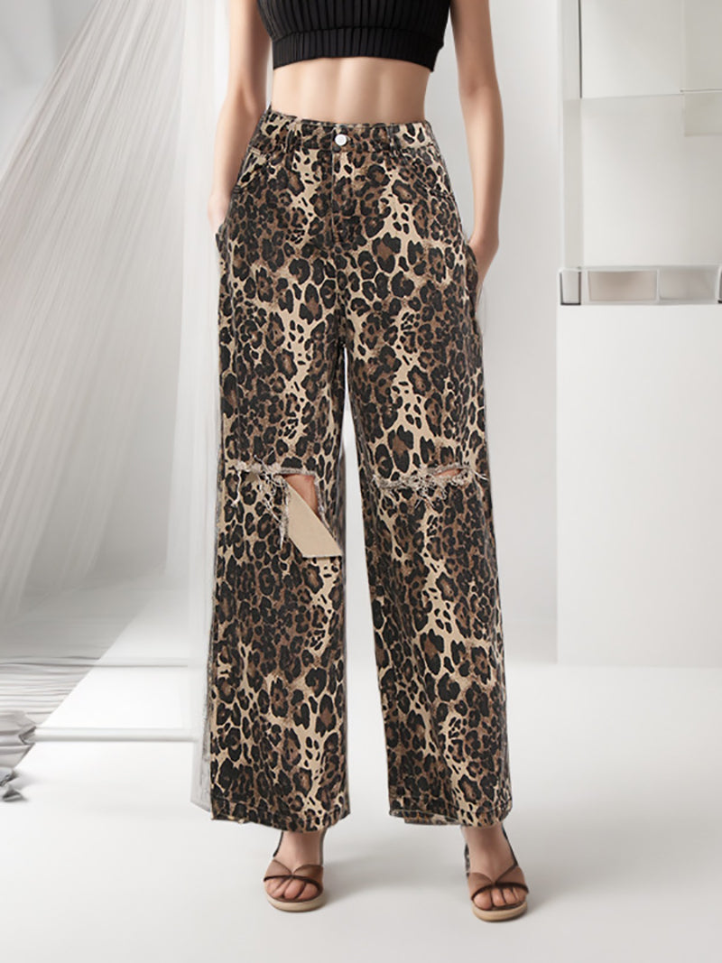 Street Leopard Ripped Wide Leg Jeans