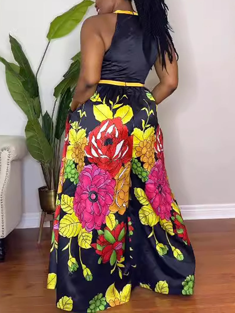 Sleeveless Print Floral Wide Leg Jumpsuit