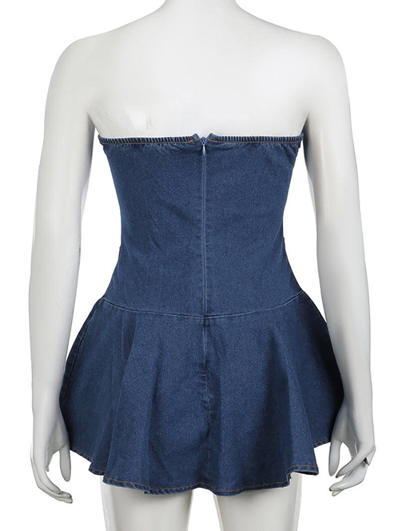 Sexy Strapless Ruffle Hem Denim Mini Dress