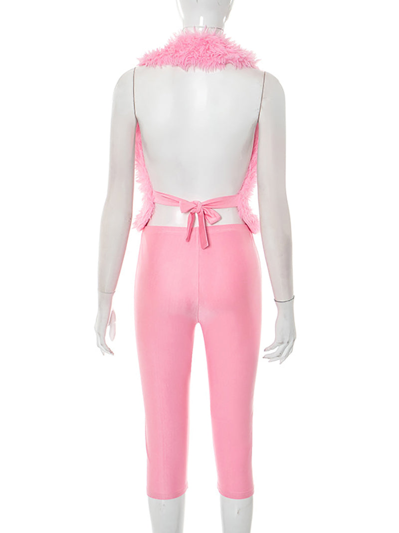Sexy Imitation Fur Halter Top Tight Capri Pant Club Set
