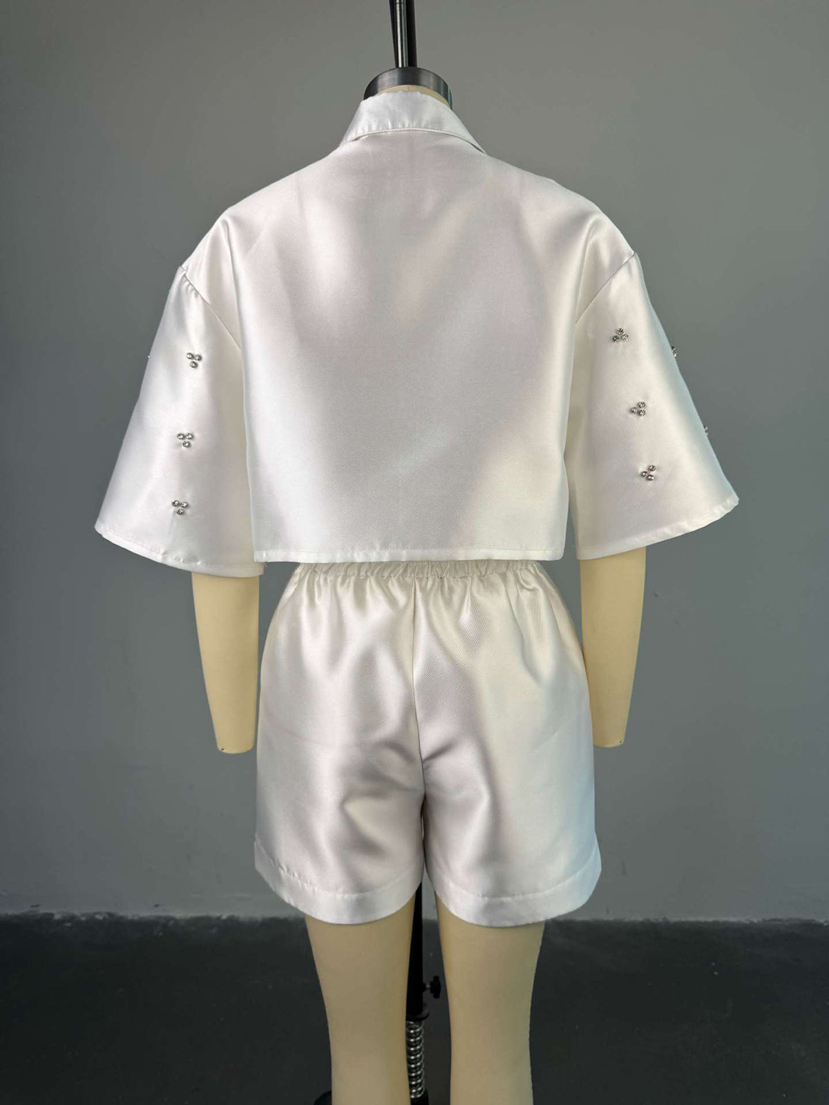 Casual Beading Turndown Collar Shorts Set