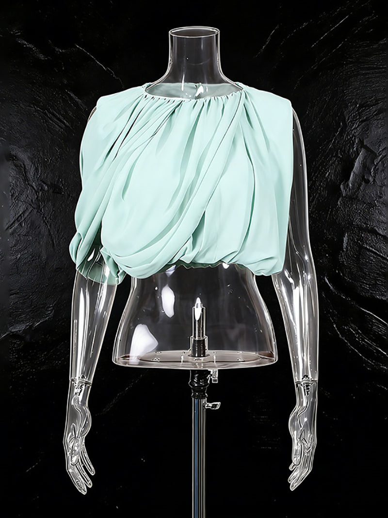 Fashion Crew Neck Cap Sleeve Pleated Top