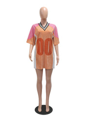 Fashion V Neck Rhinestone Loose Top Dress