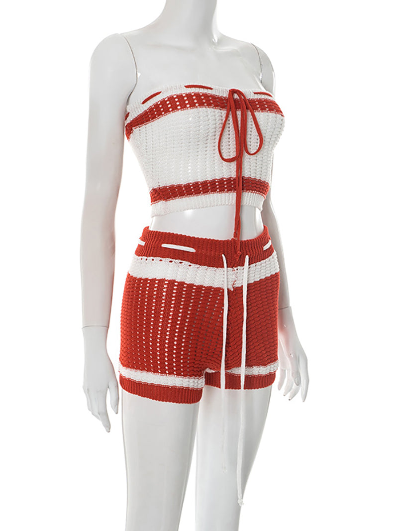 Strapless Crop Tops and Drawstring Shorts Two Piece Set