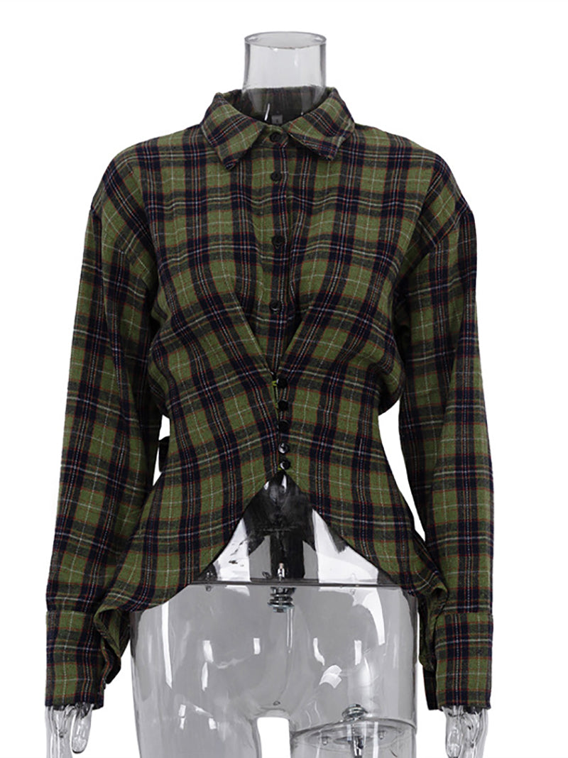 Casual Button-up Cinched Waist Plaid Shirt
