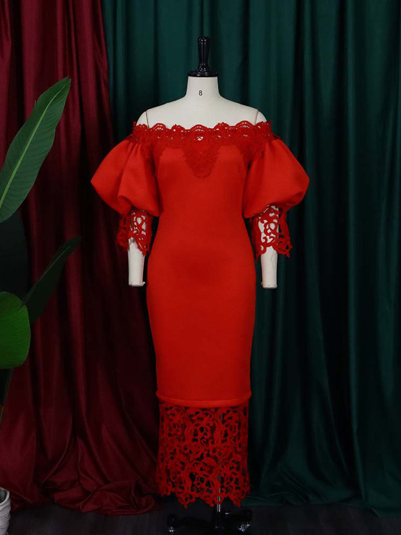 Elegant Off Shoulder Puff Sleeve Patchwork Lace Dress