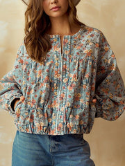 Vintage Round Collar Print Batwing Sleeve Denim Jacket