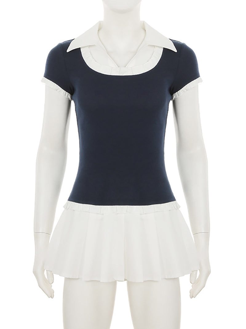 Casual Turn-down Collar Patchwork Pleated Dress