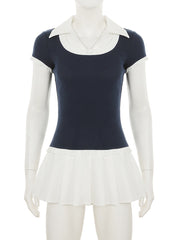 Casual Turn-down Collar Patchwork Pleated Dress
