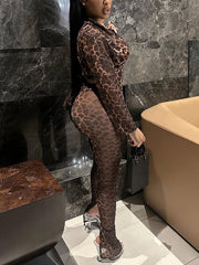 Elastic Leopard Print Mesh Crop Top Skinny Pants Sets
