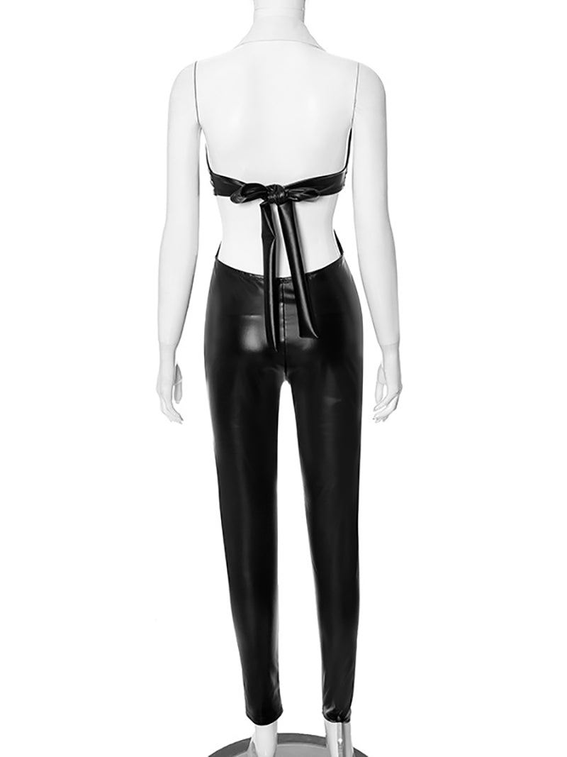 Sexy PU Leather Hollow out Slim Jumpsuit