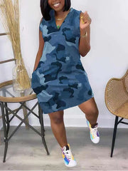Casual V Neck Camo Print Sleeveless Loose Midi Dress