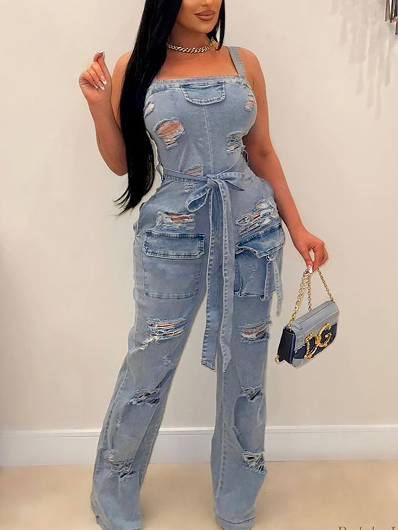 Washed Ripped Denim Cargo Jumpsuit