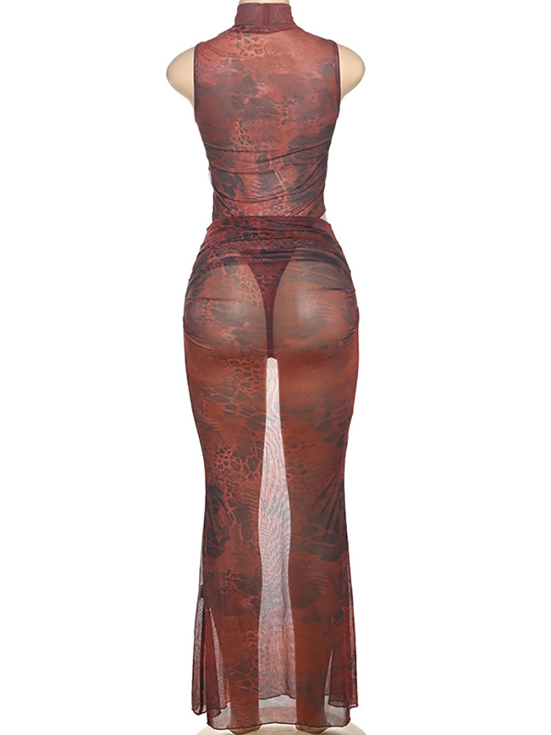 Sexy Print Sleeveless Bodysuit Long Skirt  Set