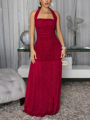 Elegant Rhinestones Halter Maxi Dress