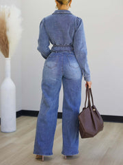 Casual Cinched Waist Crop Jacket Cargo Jeans Set