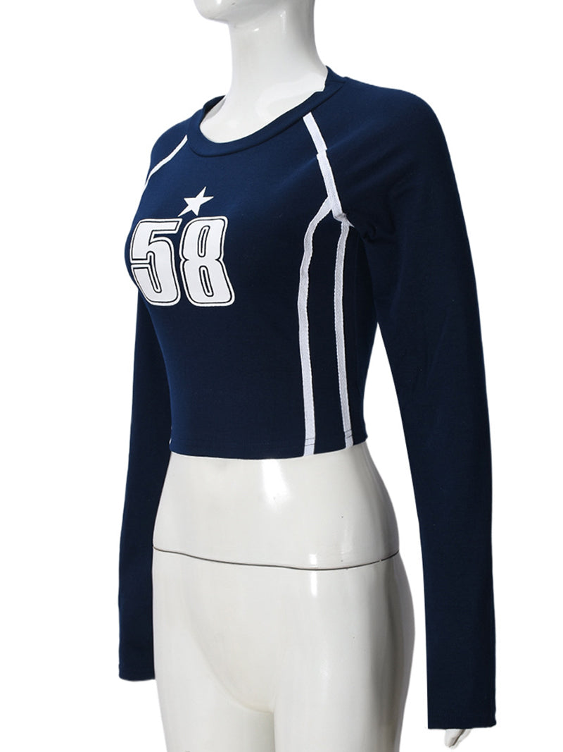 Casual Round Neck Star Number Graphic Crop T shirt